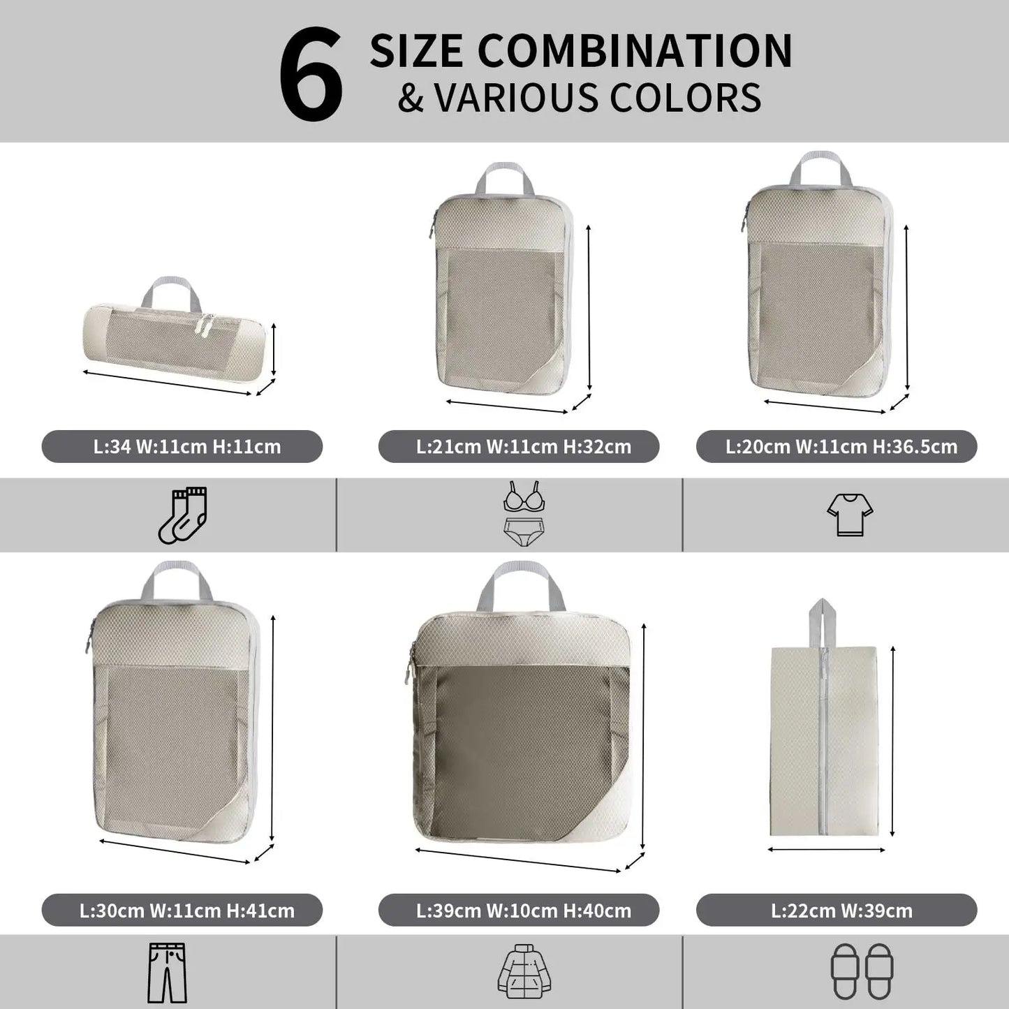 Travel Packing Cubes - 6Pcs Compression Set