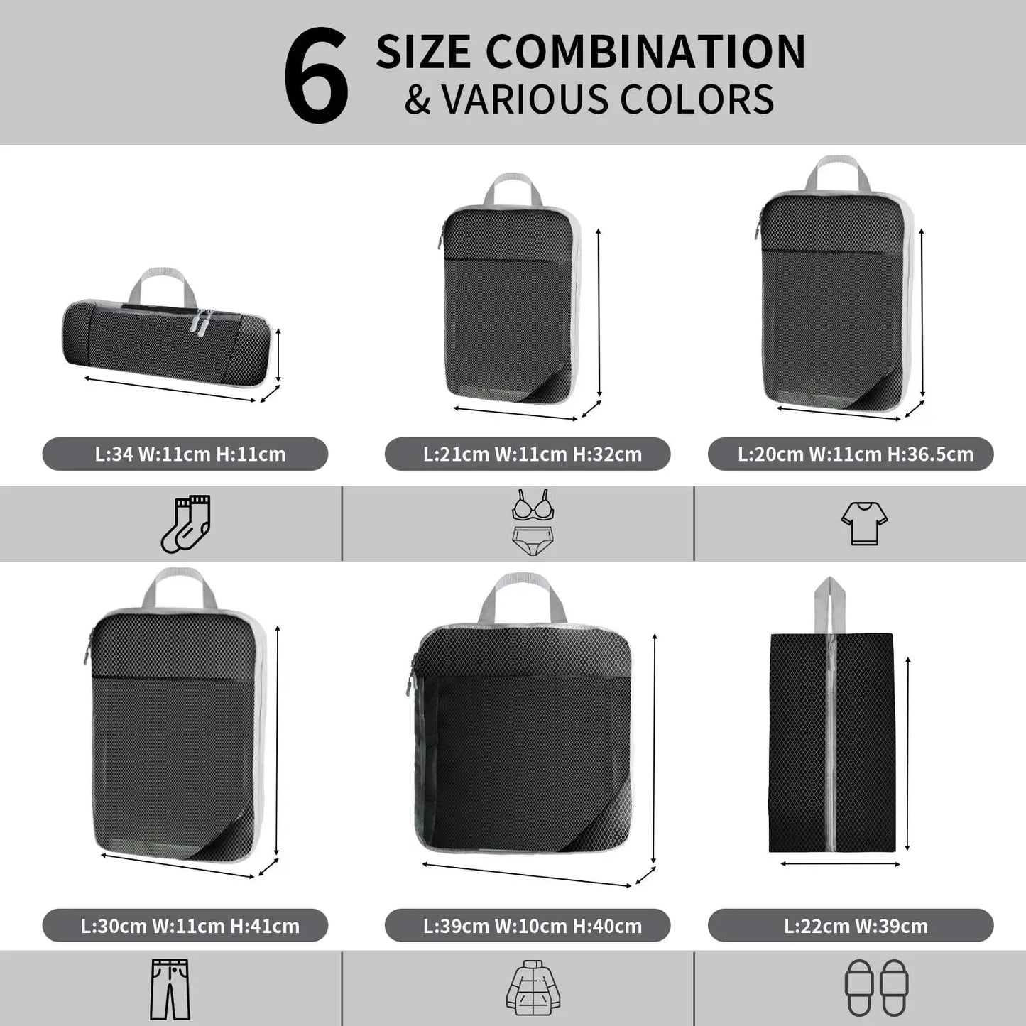 Travel Packing Cubes - 6Pcs Compression Set