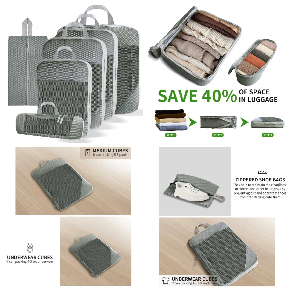 Travel Packing Cubes - 6Pcs Compression Set